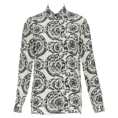 Pre-owned Versace 100% Silk Green Black Baroque Floral Print Button Up Shirt It38 Xs