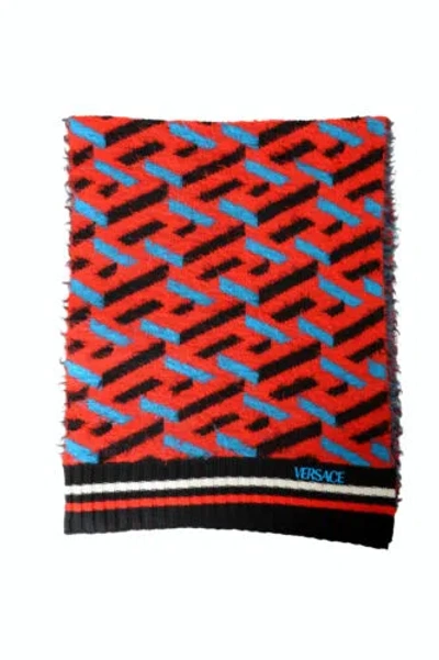 Pre-owned Versace 100% Wool Multi-color Logo Print Scarf In Multicolor