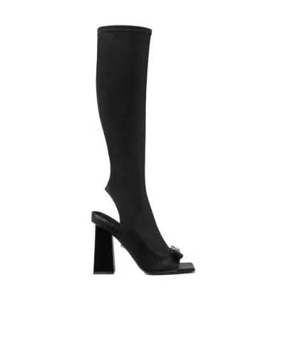 Versace 100mm Medusa-plaque Knee-high Boots In Black