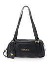 Versace Tag Bowling Black Shoulder Bag With Metallic Logo Lettering And Medusa Head Pendant In Leather Woman In Black