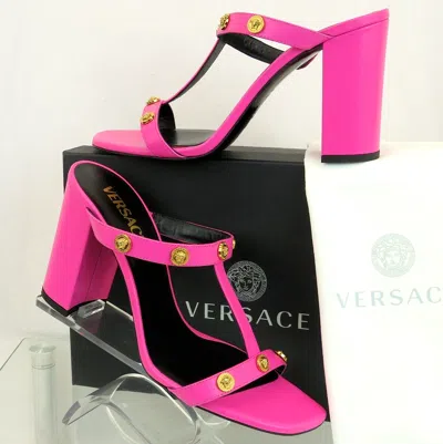 Pre-owned Versace $1050  Fuchsia Pink Leather Gold Medusa Logo Studs Sandals Mule Pumps 40