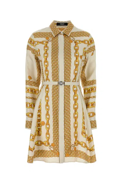 Versace Treasure Silk Mini Shirt Dress In Yellow