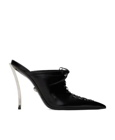 Versace 110mm Lace-up Leather Mules In Black