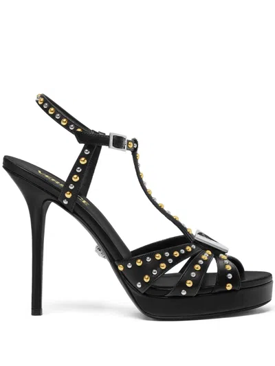 Versace V Embellished Leather Sandals 120 Mm In Black