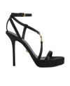 Versace Satin Ankle Strap Sandals With Golden And Rhinestone Logo 12 In Black