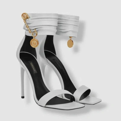 Pre-owned Versace $1275  Women's White Leather Ankle Strap Heels Sandals Shoes Size Us 10