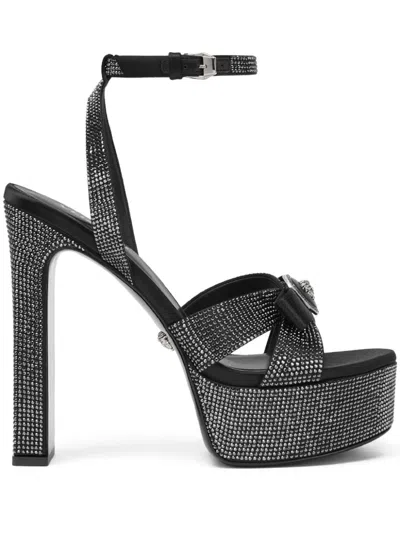 Versace Crystal Gianni Ribbon Sandals 140 Mm In Black