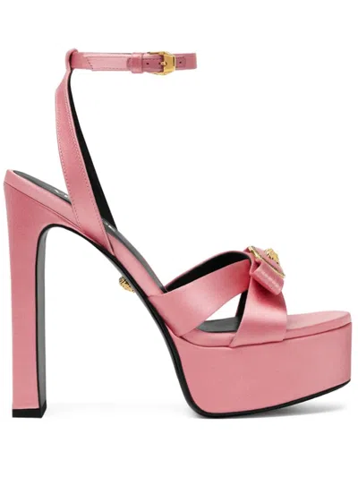 Versace 140mm Gianni Ribbon Satin Sandals In Pink