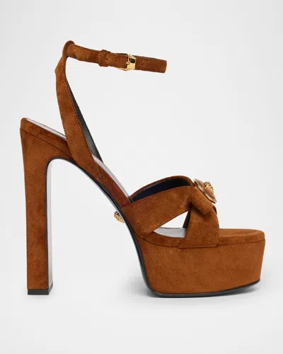 Versace 140mm Gianni Ribbon Suede Platform Sandals In Brown
