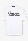 Versace White Crewneck T-shirt With Logo Lettering Print In Cotton Man In White