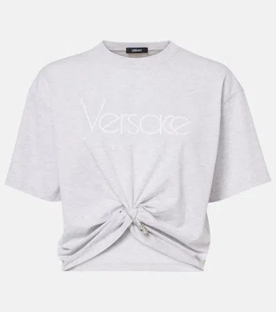 Versace 1978 Re-edition Logo Cotton Crop Top In Grey
