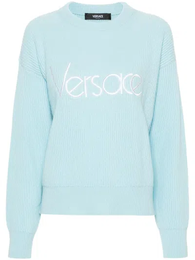 Versace Embroidered-logo Virgin-wool Jumper In Blue