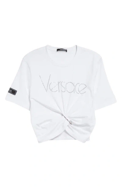 VERSACE 1978 RE-EDITION RHINESTONE LOGO SAFETY PIN CROP COTTON T-SHIRT