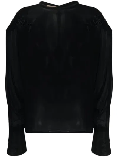 Pre-owned Versace 1980s Bead-detailing Sheer Silk Blouse In Black