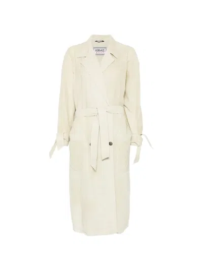 Pre-owned Versace 1980s Belted Double-breasted Coat In Neutral