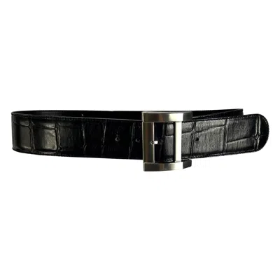 Pre-owned Versace 1980s Gianni  Oversized Buckle Black Croc Embossed Leather Belt