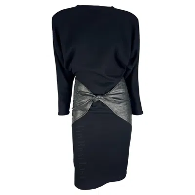 Pre-owned Versace 1980s Gianni  Stretch Knit Embossed Leather Hip Tie Black Wool Dress