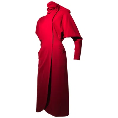 Pre-owned Versace 1980s Gianni  Vivid Red Wool Wrap-style Coat Dress W/ Attached Foulard