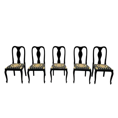 Pre-owned Versace 1980s Textile  Style Black And Gold Dining Chairs, Set Of 5