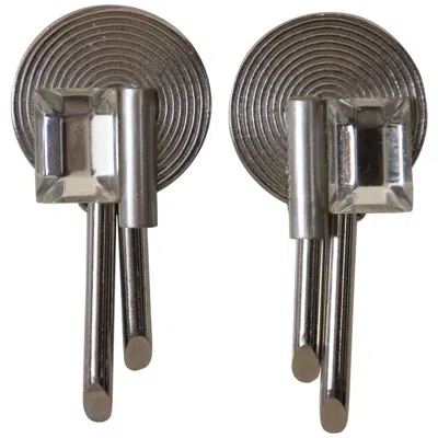 Pre-owned Versace 1980s  Disc Earrings W Large Clear Jewel In Gray