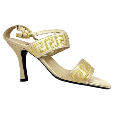 Pre-owned Versace 1990's Gianni  Gold Greca Sandal Heels Women's Shoes Vintage 36