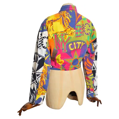 Pre-owned Versace 1990's Gianni  Loud Colourful Printed Fitted Cotton Crop Jacket In Brown