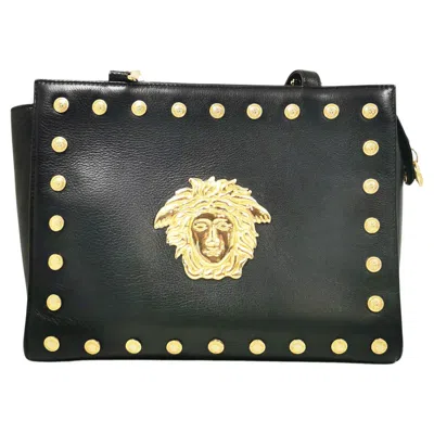 Pre-owned Versace 1990's Gianni  Signature Medusa Head Gold Medallion Shoulder Bag In Black