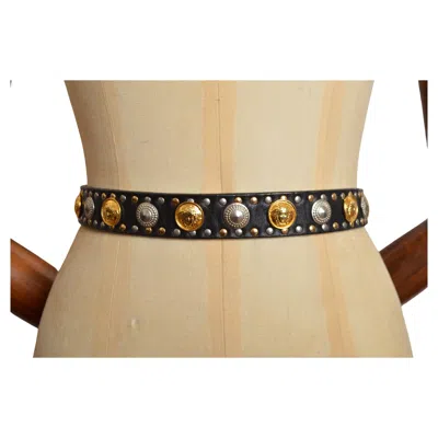 Pre-owned Versace 1990's Gianni  Studded Black Leather Gold Medusa Head Belt