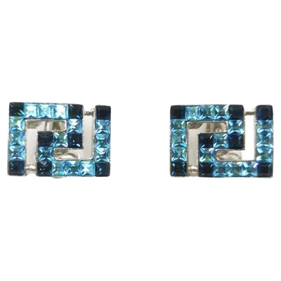 Pre-owned Versace 1990's Gianni  Vintage Blue Rhinestones Crystal Greca Clip On Earrings