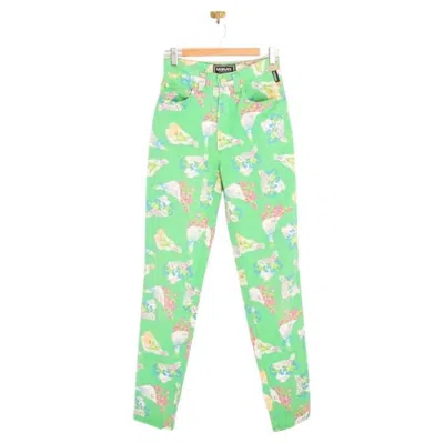 Pre-owned Versace 1990's  Light Green Floral Pattern High Waisted Vintage Jeans