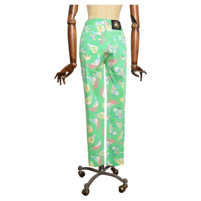 Pre-owned Versace 1990's  Light Green Floral Pattern High Waisted Vintage Jeans W25"