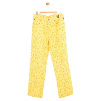 Pre-owned Versace 1990's Vintage  Yellow Daisy Floral Pattern High Waisted Jeans Pants