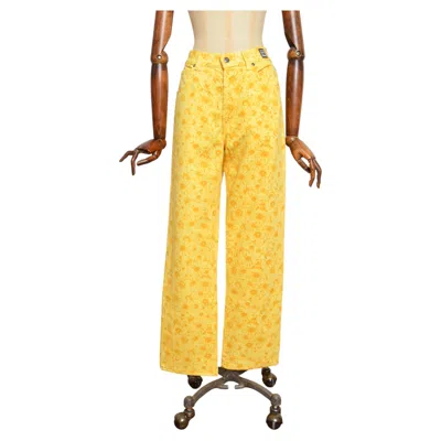 Pre-owned Versace 1990's Vintage  Yellow Daisy Floral Pattern High Waisted Jeans Pants