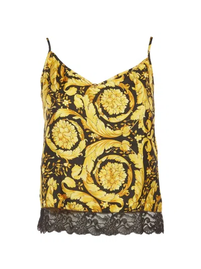 Pre-owned Versace 1990s Barocco Print Lace-trim Top In Yellow