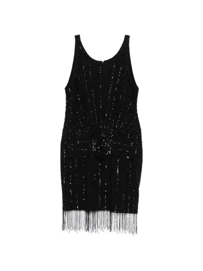 Pre-owned Versace 1990s Beaded Fringe-embellishment Mini Dress In Black