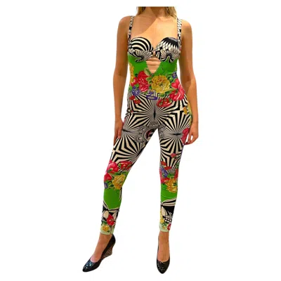 Pre-owned Versace 1990s Gianni  Black & White Floral Psychedelic Catsuit
