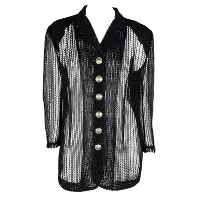 Pre-owned Versace 1990s Gianni  Black Loose Knit Sheer Oversized Medusa Jacket Blazer