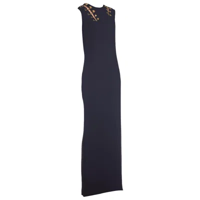 Pre-owned Versace 1990s Gianni  Black Silk Crepe Gold Safey Pin Gown