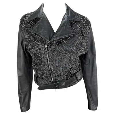 Pre-owned Versace 1990s Gianni  Black Woven Leather Silver Chain Oversized Leather Jacket