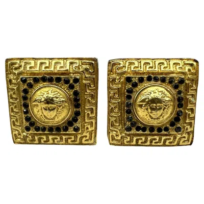 Pre-owned Versace 1990s Gianni  Costume Gold Square Rhinestone Clip On Earrings In Multi