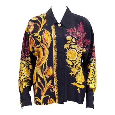 Pre-owned Versace 1990s Gianni  Couture Black Silk Blouse W Gold And Maroon Botanical Print In Red