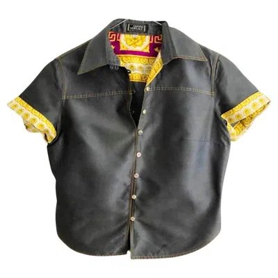 Pre-owned Versace 1990s Gianni  Denim Contrast Cuff Cropped Mako Cotton Shirt In Black