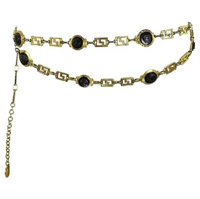 Pre-owned Versace 1990s Gianni  Double Chain Black Medusa Greek Key Gold Belt