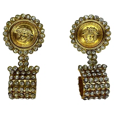 Pre-owned Versace 1990s Gianni  Gold Medusa Rhinestone Drop Clip On Earrings In Multi