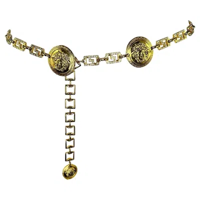 Pre-owned Versace 1990s Gianni  Gold Tone Rhinestone Greek Key Medusa Medallion Chain Belt