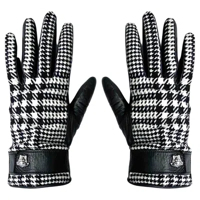 Pre-owned Versace 1990s Gianni  Houndstooth Wool Leather Winter Gloves In Black