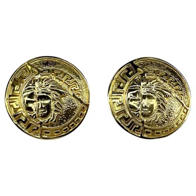 Pre-owned Versace 1990s Gianni  Large Round Gold Medusa Logo Costume Clip On Earrings In Multi