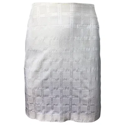 Pre-owned Versace 1990s Gianni  Logo Print White High Waist Silky Vintage 90s Mini Skirt