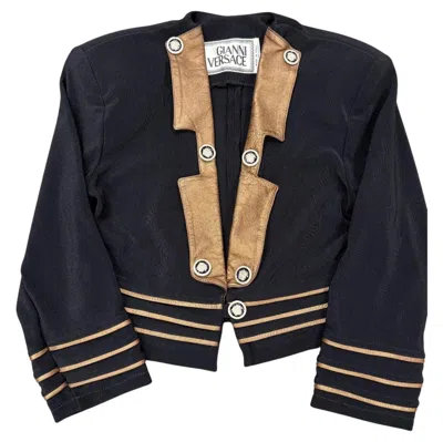 Pre-owned Versace 1990s Gianni  Napoleon Cropped Tailored Jacket With Contrast Leather Trim In Black