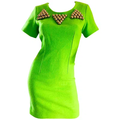 Pre-owned Versace 1990s Gianni  Neon Lime Green Bodycon Wool Vintage 90s Mini Dress